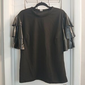 New! Chic Black Faux Leather Ruffle Sleeve Top 2X NWOT